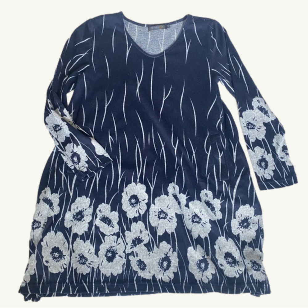 'Orange' Long Sleeve Light Knit Top / Dress Navy Blue & Flowers With Pockets
